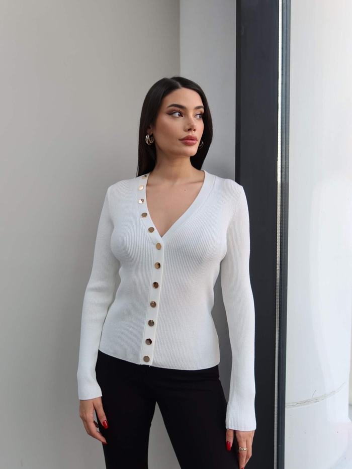 V Yaka Gold Düğmeli Hırka