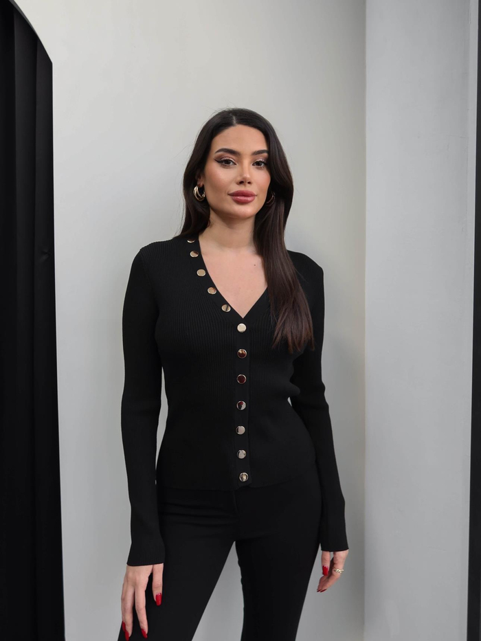 V Yaka Gold Düğmeli Hırka