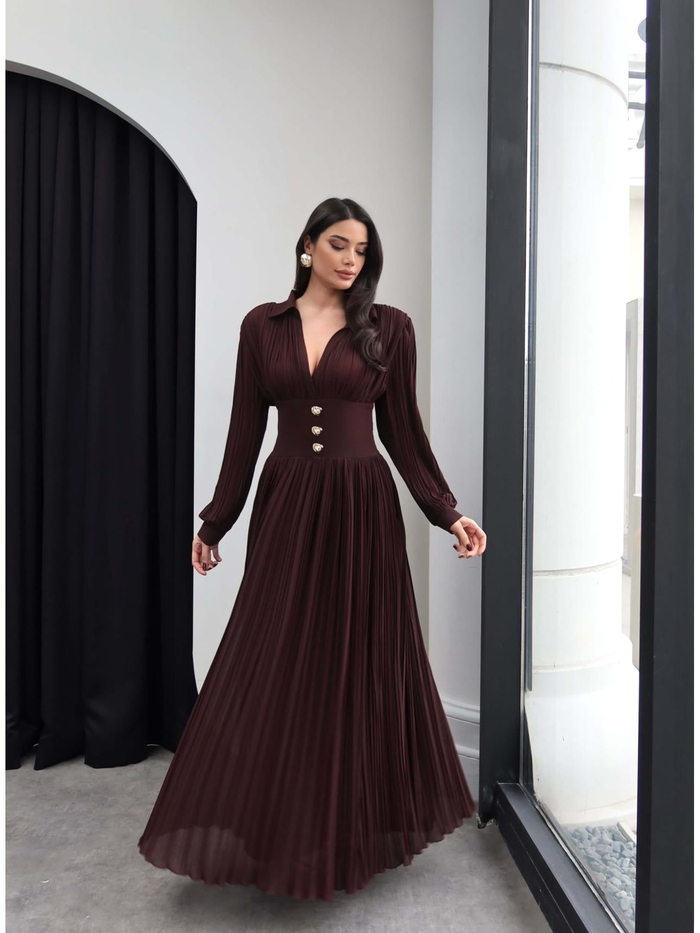 V Yaka Piliseli Maxi Elbise