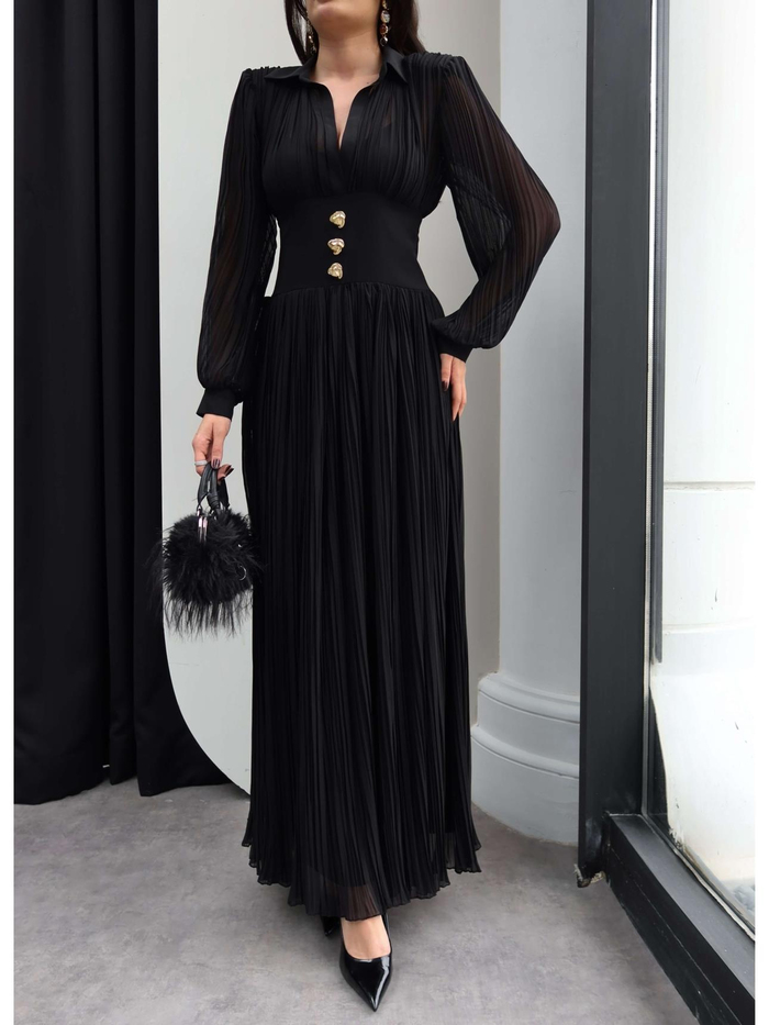 V Yaka Piliseli Maxi Elbise