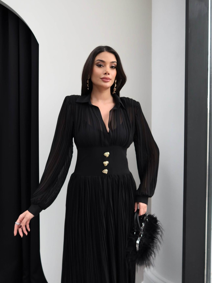 V Yaka Piliseli Maxi Elbise