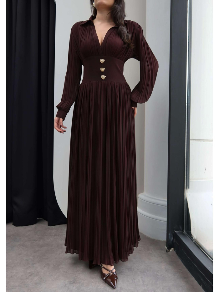 V Yaka Piliseli Maxi Elbise