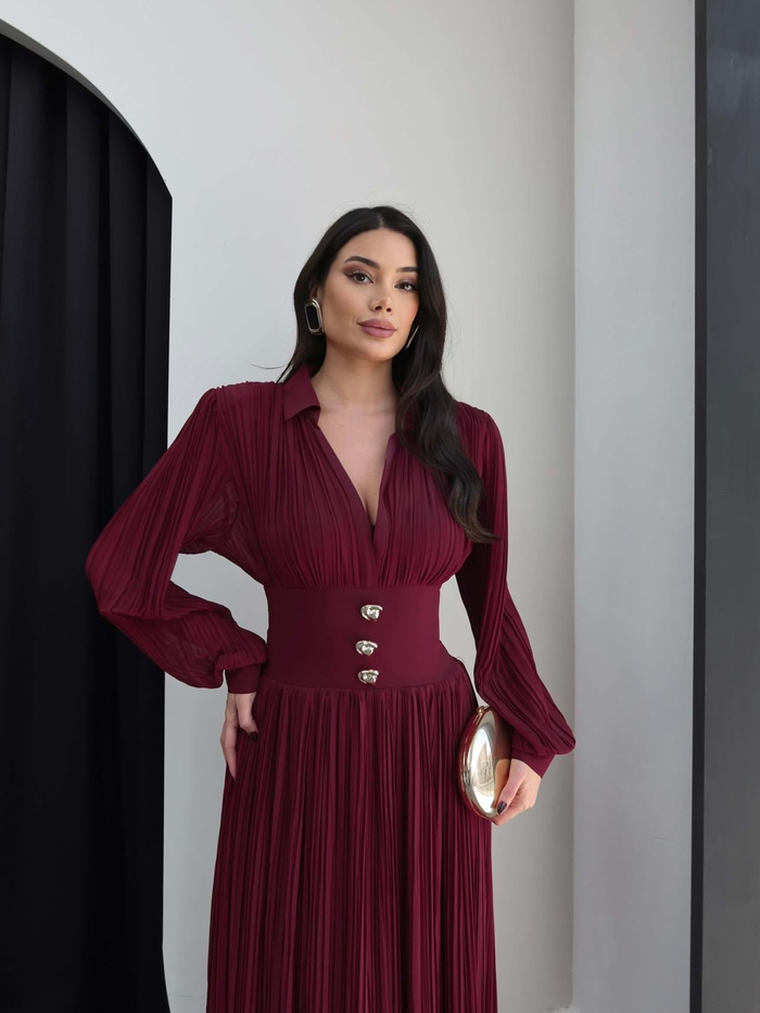 V Yaka Piliseli Maxi Elbise