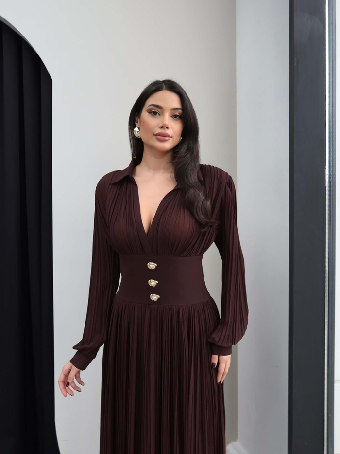 V Yaka Piliseli Maxi Elbise