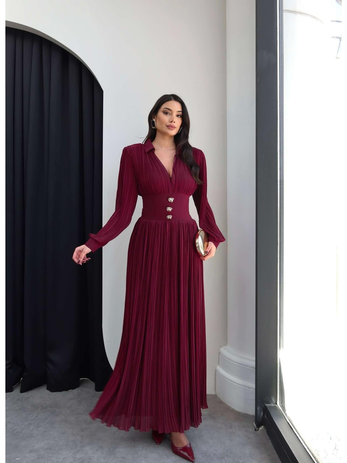 V Yaka Piliseli Maxi Elbise