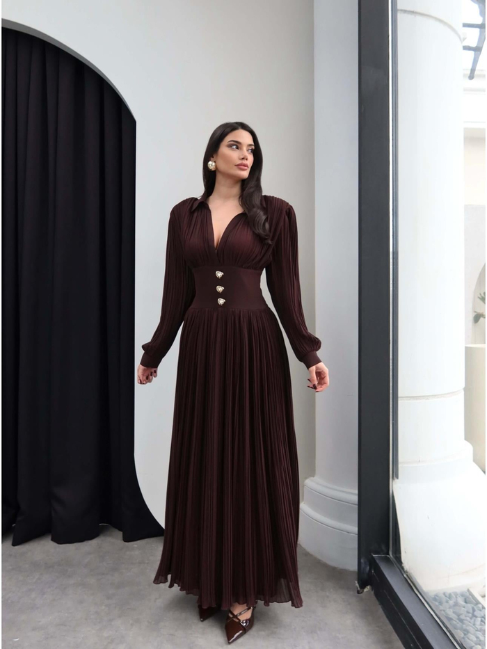 V Yaka Piliseli Maxi Elbise