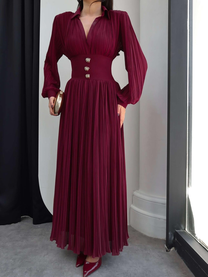 V Yaka Piliseli Maxi Elbise