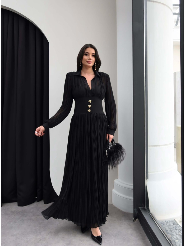 V Yaka Piliseli Maxi Elbise