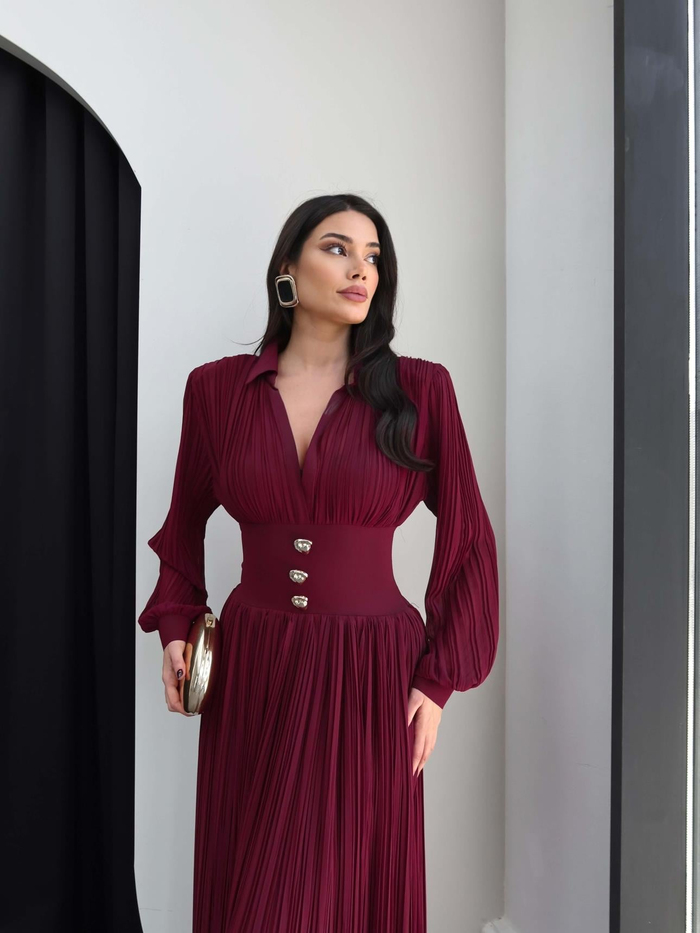 V Yaka Piliseli Maxi Elbise