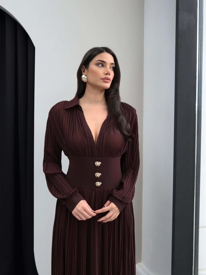 V Yaka Piliseli Maxi Elbise