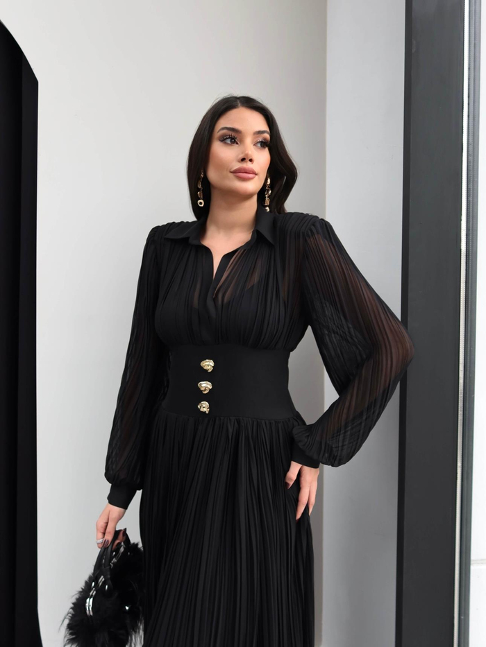 V Yaka Piliseli Maxi Elbise