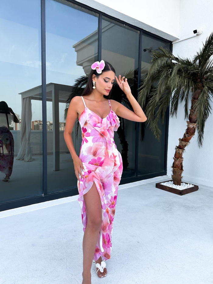 V Yaka Ruffled Floral Print Elbise