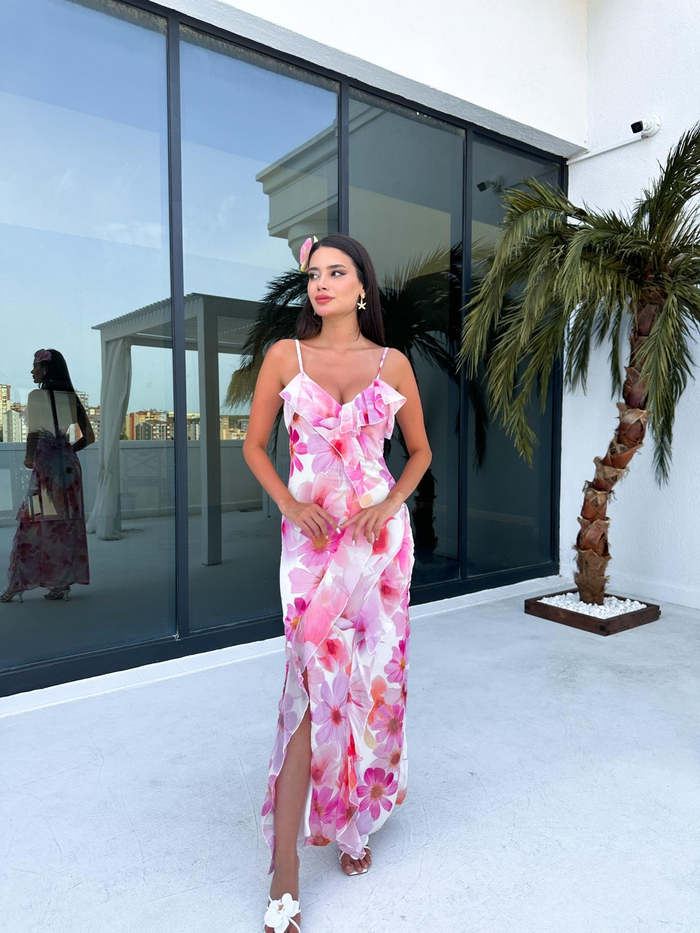 V Yaka Ruffled Floral Print Elbise