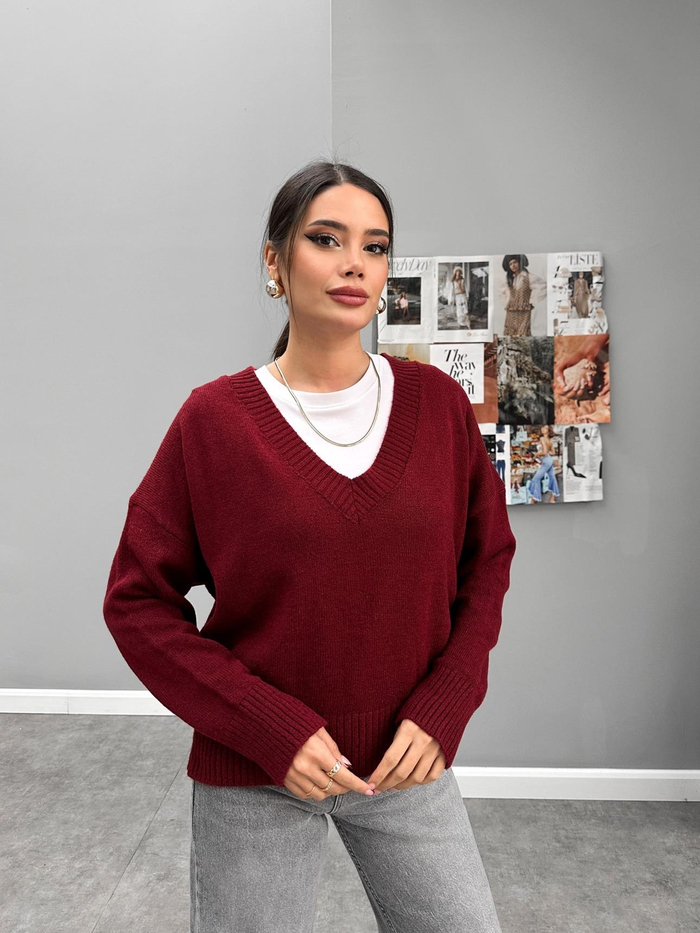 V Yaka Uzun Kollu Oversize Kazak