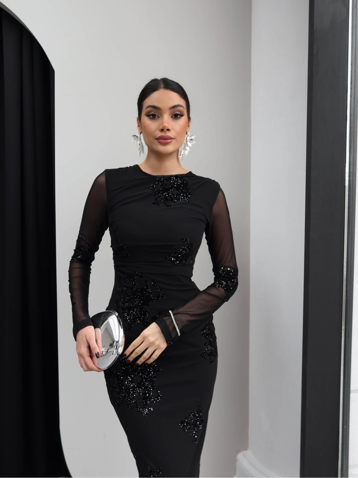 Varaklı Kol Transparan Midi Elbise