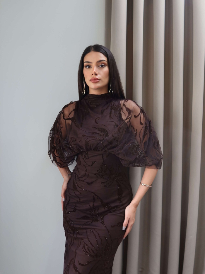 Varaklı Pelerin Detay Midi Elbise