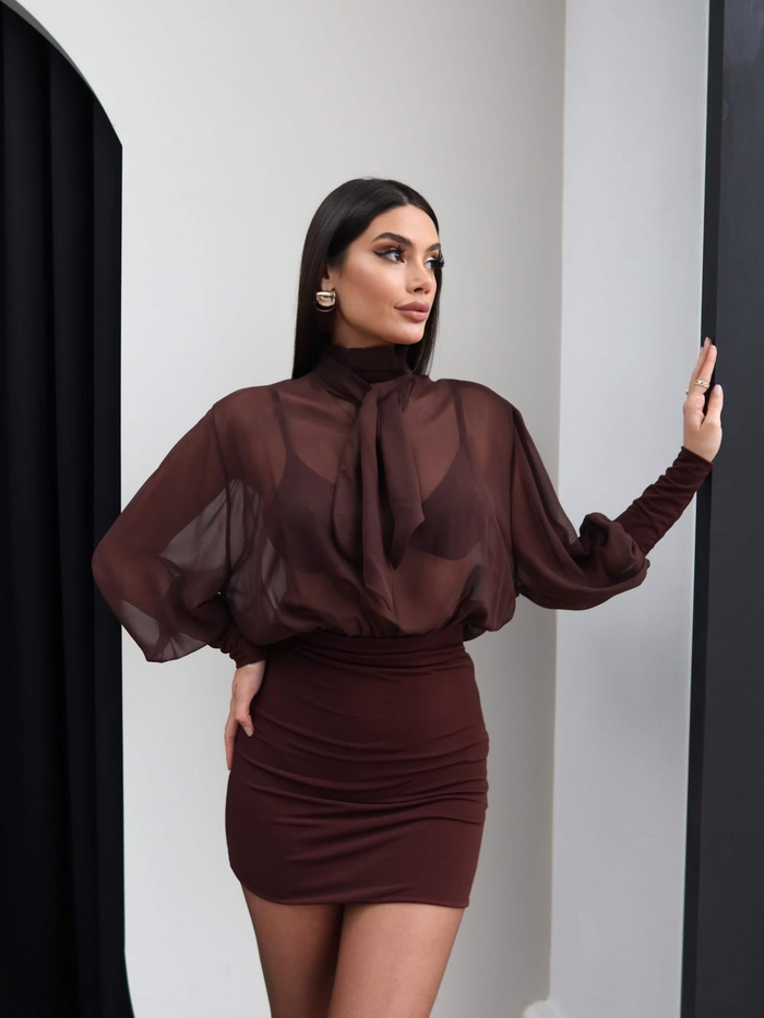 Vatkalı Boyun Bağlamalı Transparan Elbise