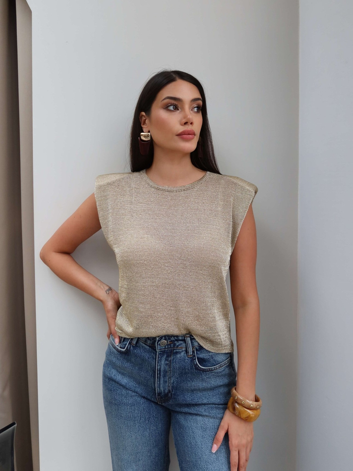 Vatkalı Sıfır Kol Simli Bluz