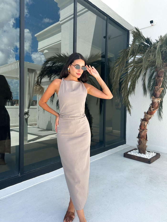 Vizon Drapeli Keten Elbise