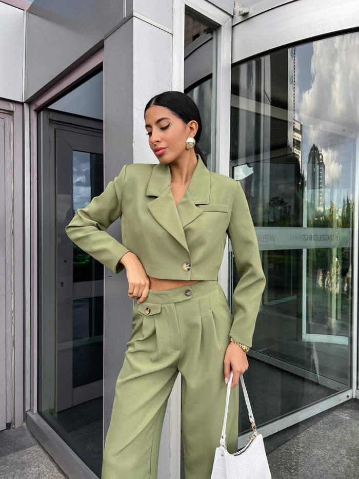 Yağ Yeşili Crop Ceket