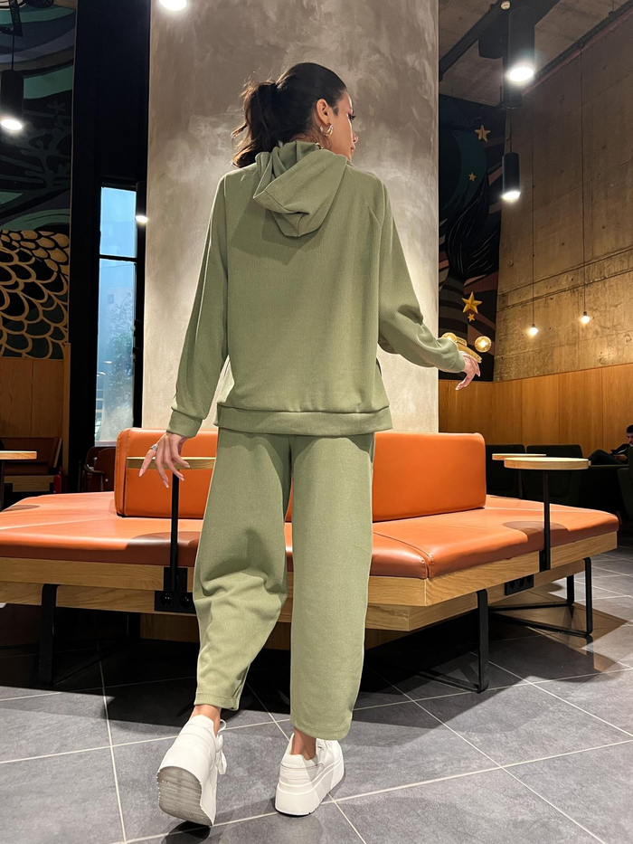 Yağ Yeşili Kapüşonlu Oversize Takım