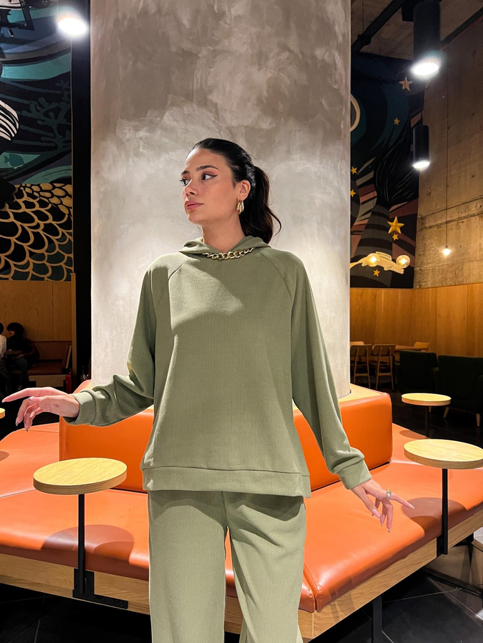 Yağ Yeşili Kapüşonlu Oversize Takım