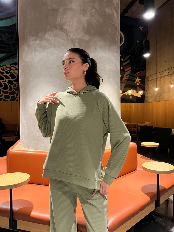 Yağ Yeşili Kapüşonlu Oversize Takım