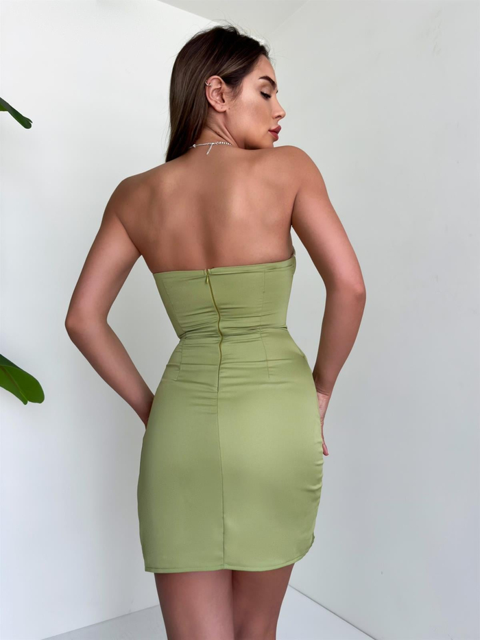 Yağ Yeşili Korse Detay Mini Elbise