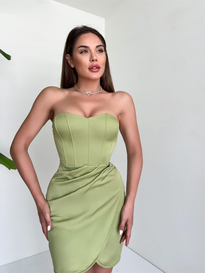 Yağ Yeşili Korse Detay Mini Elbise