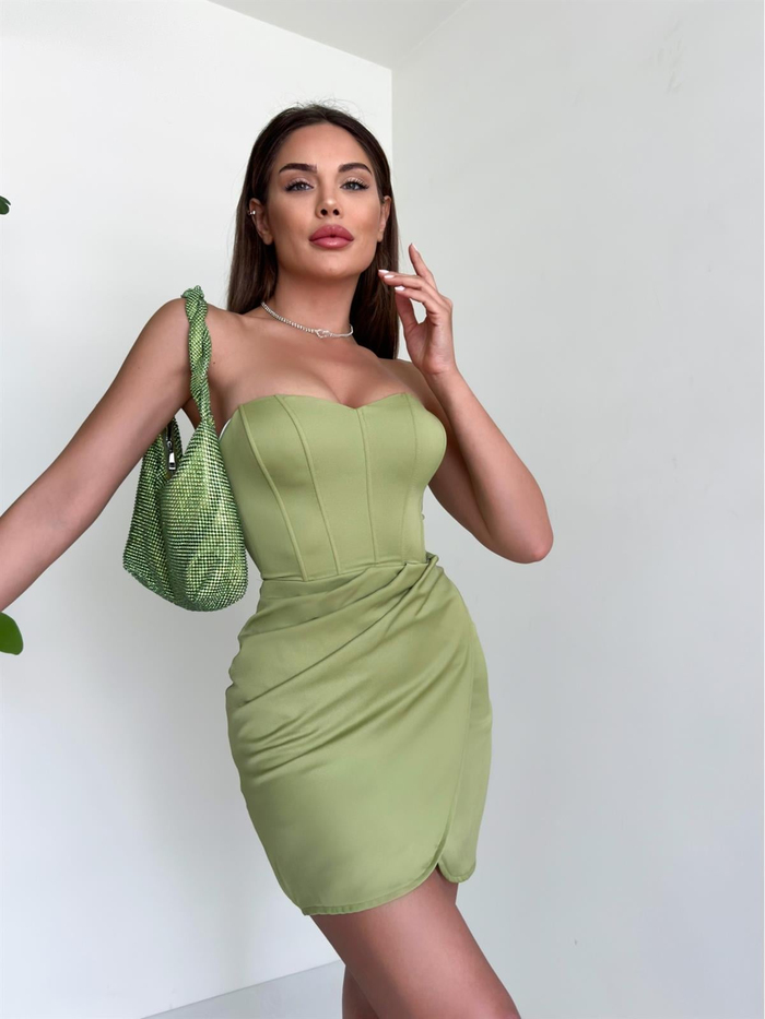Yağ Yeşili Korse Detay Mini Elbise