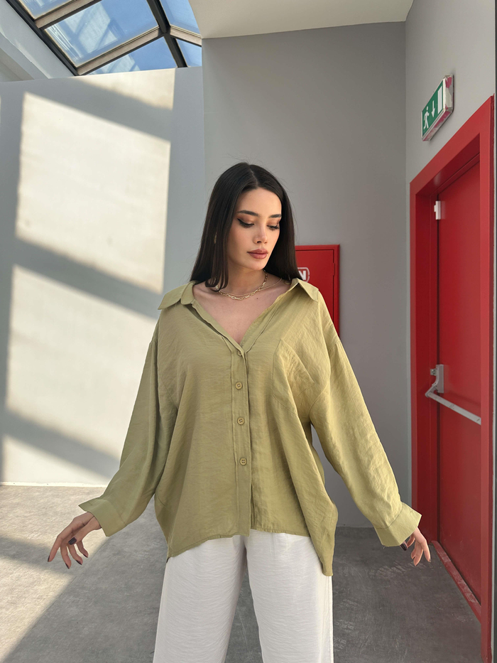 Yağ Yeşili  Low Shoulder Gömlek