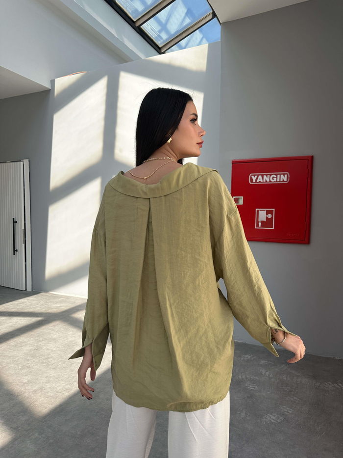 Yağ Yeşili  Low Shoulder Gömlek