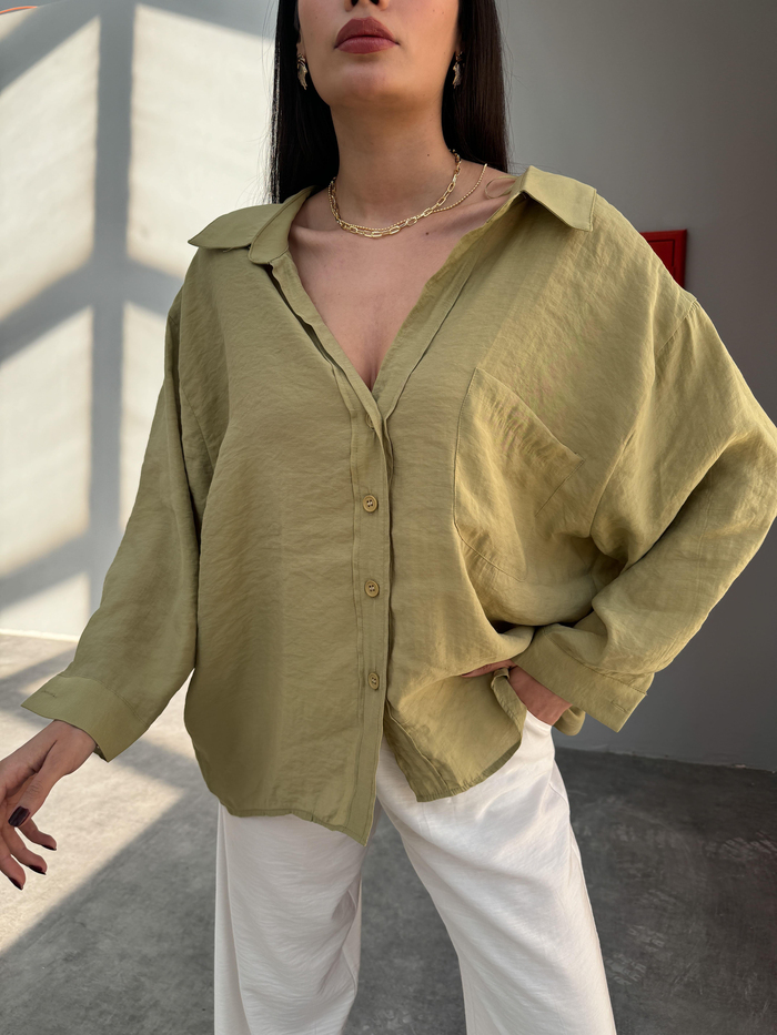 Yağ Yeşili  Low Shoulder Gömlek