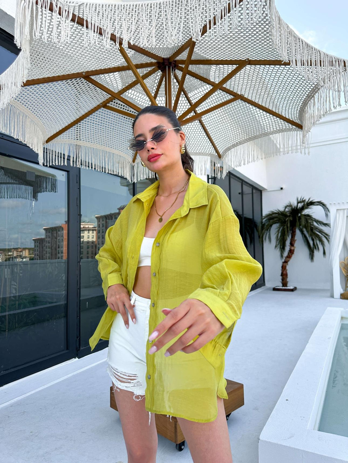 Yağ Yeşili Oversize Silky Gömlek