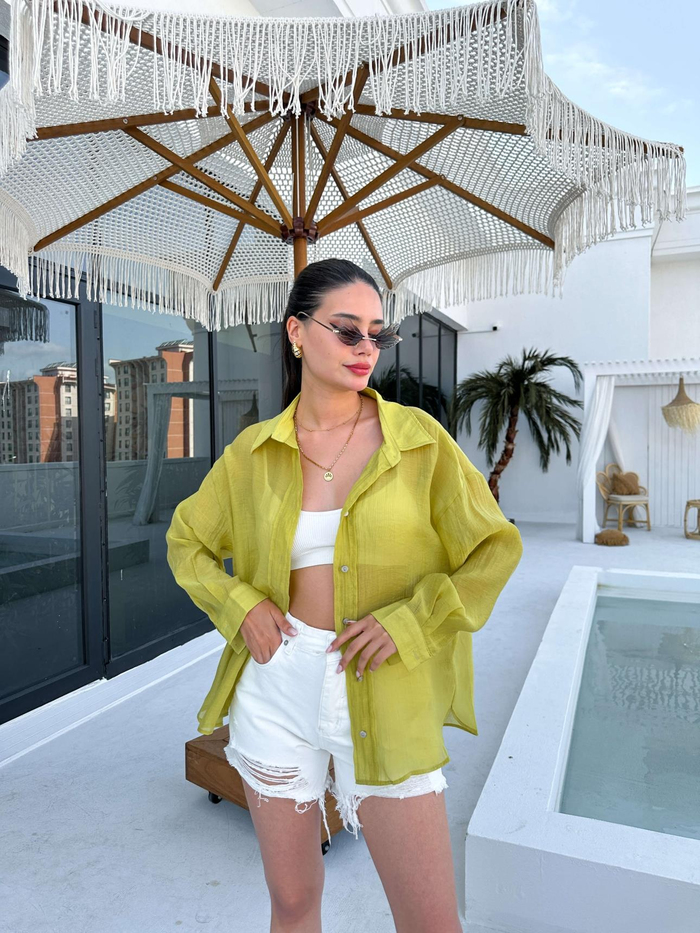 Yağ Yeşili Oversize Silky Gömlek