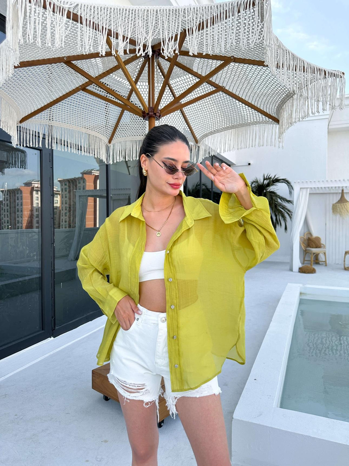 Yağ Yeşili Oversize Silky Gömlek