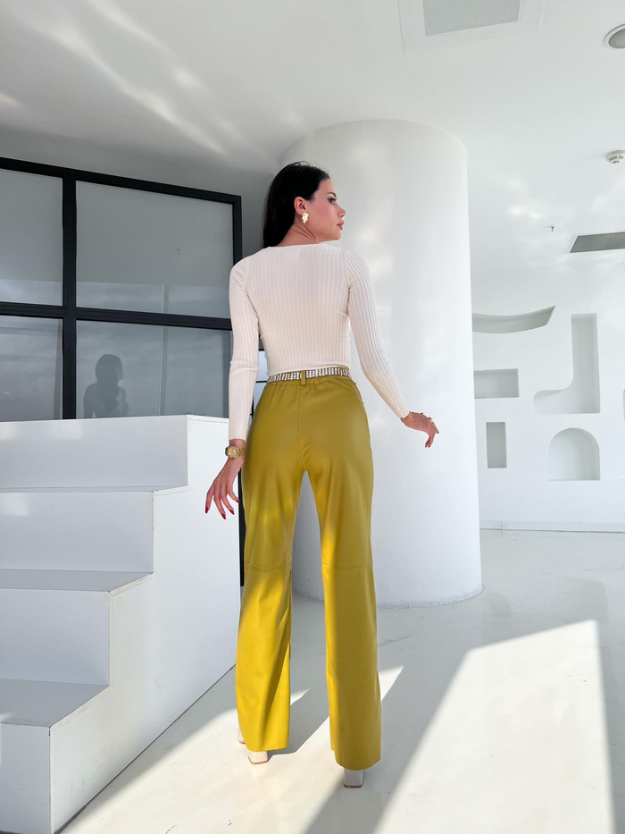 Yağ Yeşili Şardonlu Leather Pantolon