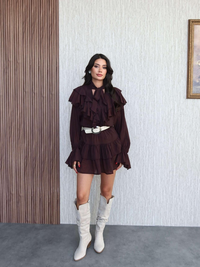 Yaka Fırfır Kat Elbise