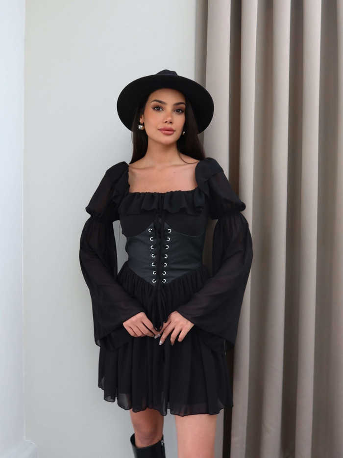 Yaka Fırfırlı Korseli Şifon Mini Elbise