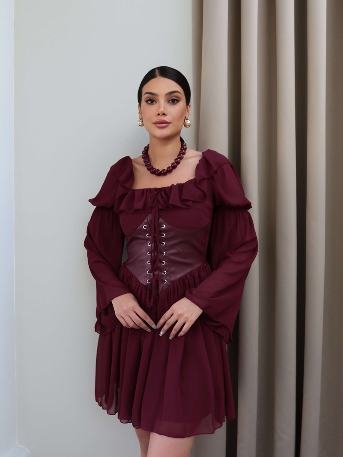 Yaka Fırfırlı Korseli Şifon Mini Elbise