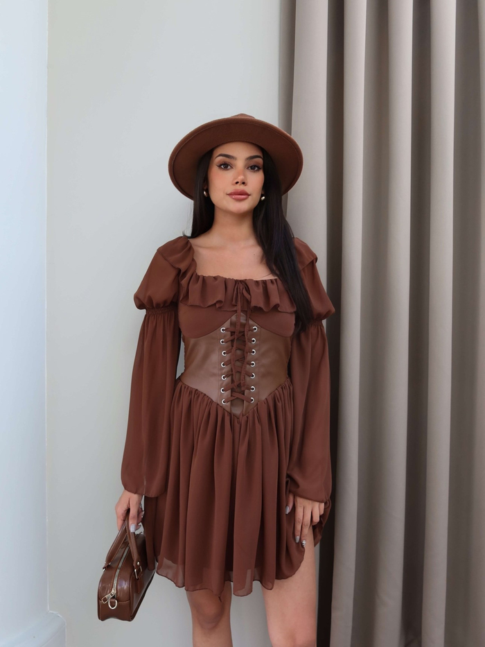 Yaka Fırfırlı Korseli Şifon Mini Elbise