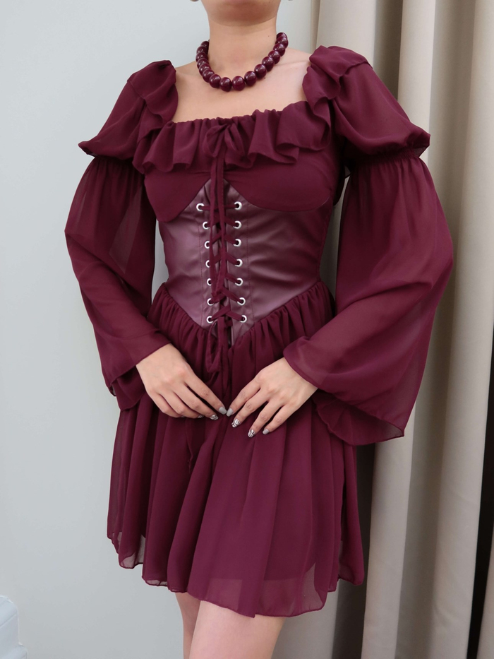 Yaka Fırfırlı Korseli Şifon Mini Elbise