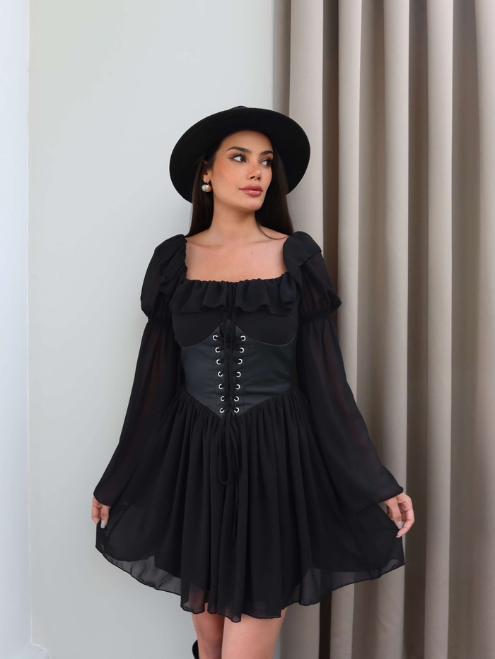 Yaka Fırfırlı Korseli Şifon Mini Elbise