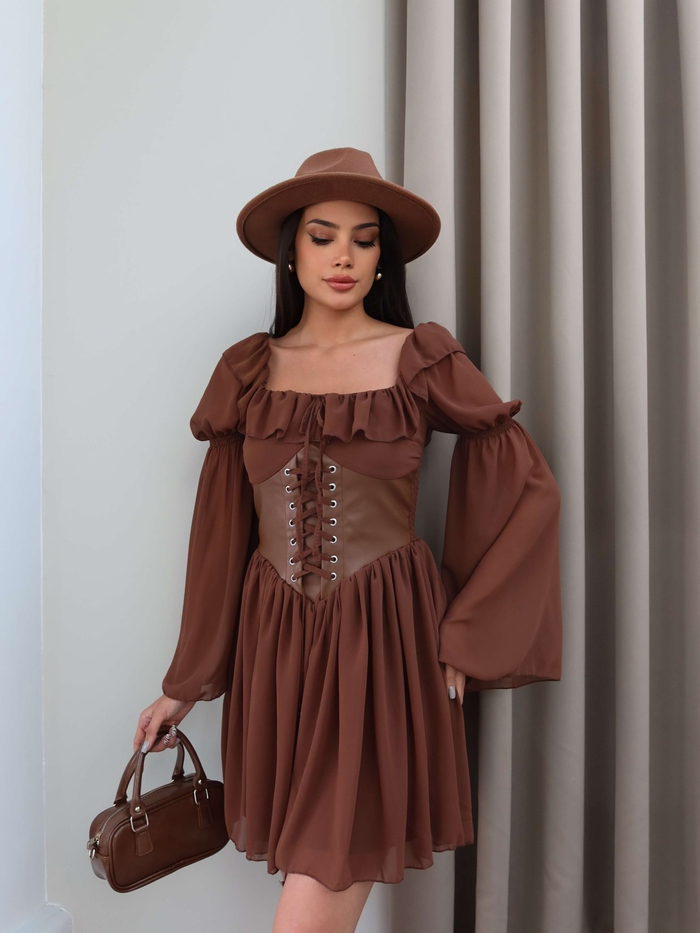 Yaka Fırfırlı Korseli Şifon Mini Elbise