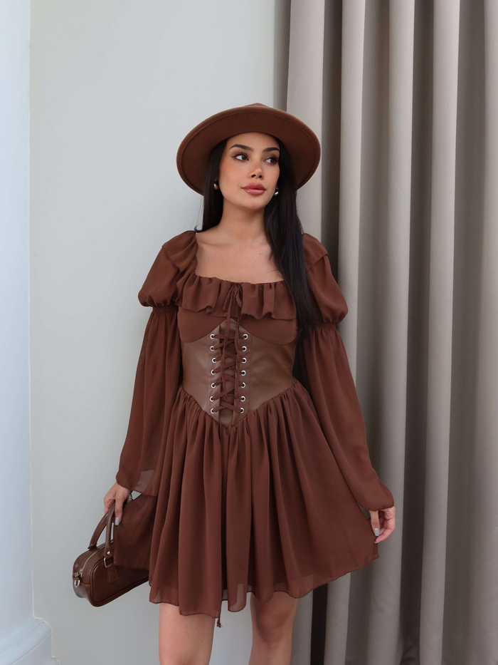 Yaka Fırfırlı Korseli Şifon Mini Elbise
