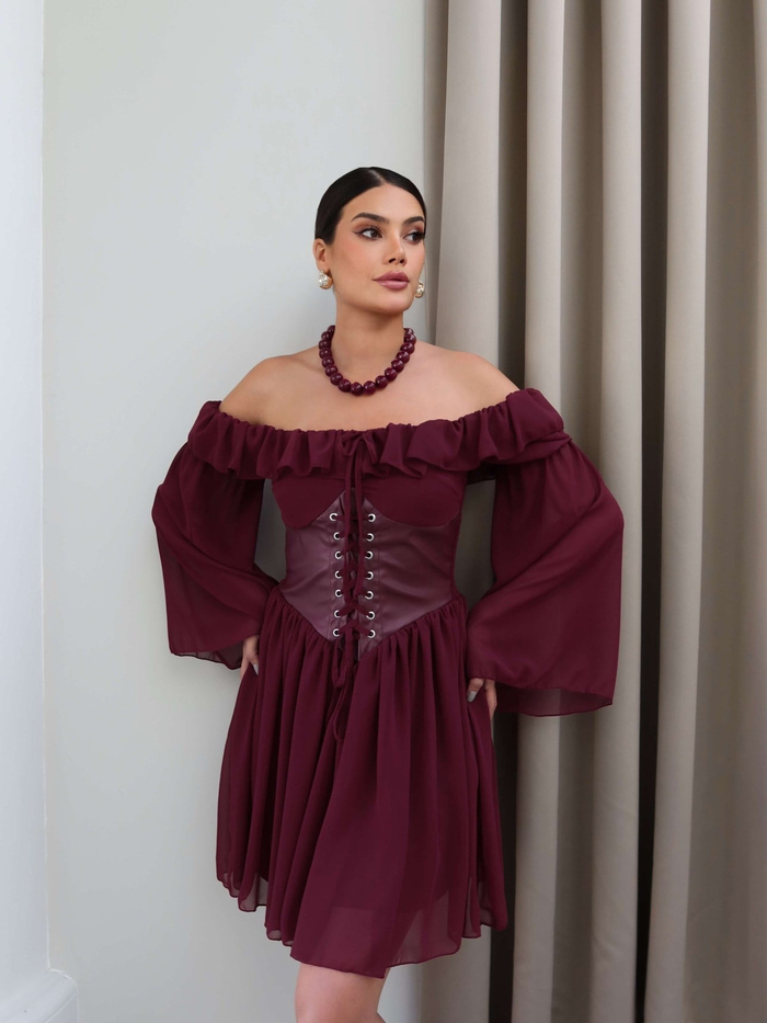 Yaka Fırfırlı Korseli Şifon Mini Elbise