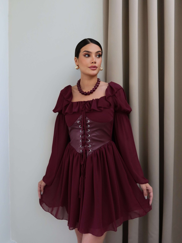 Yaka Fırfırlı Korseli Şifon Mini Elbise