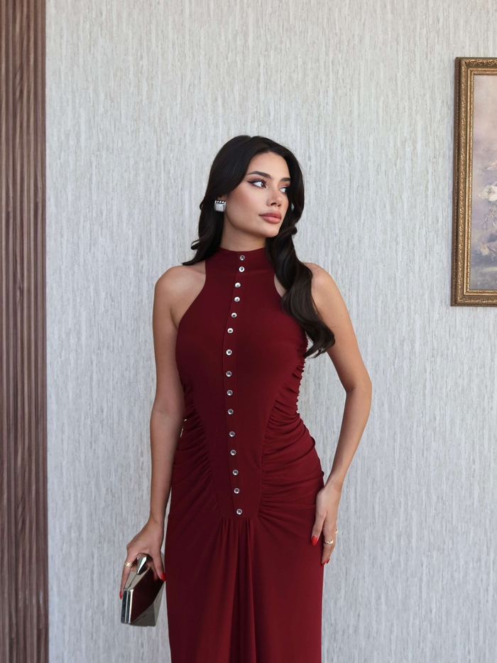 Yan Büzgü Düğme Detaylı Uzun Elbise