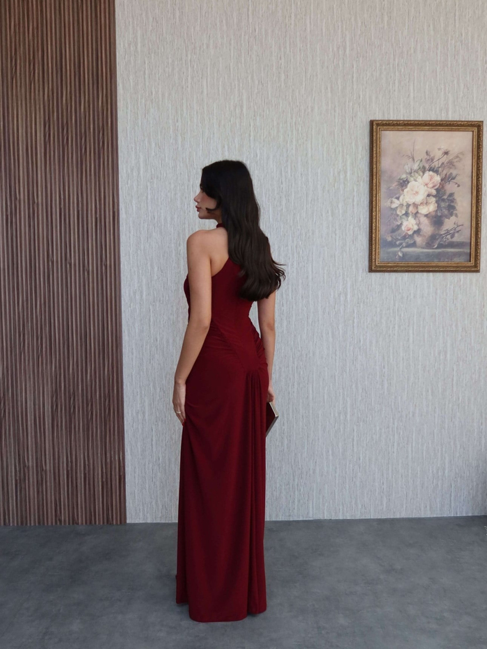 Yan Büzgü Düğme Detaylı Uzun Elbise