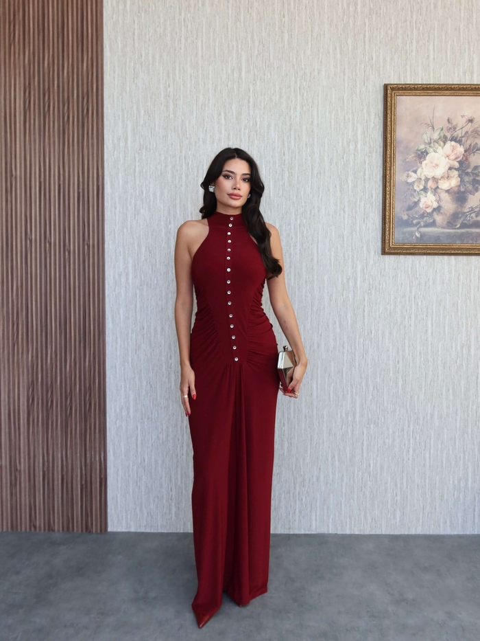 Yan Büzgü Düğme Detaylı Uzun Elbise